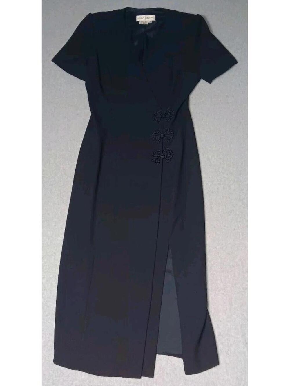 Maggie London Partial Wrap Maxi Dress Womens Size 8 Black Padded Shoulders...